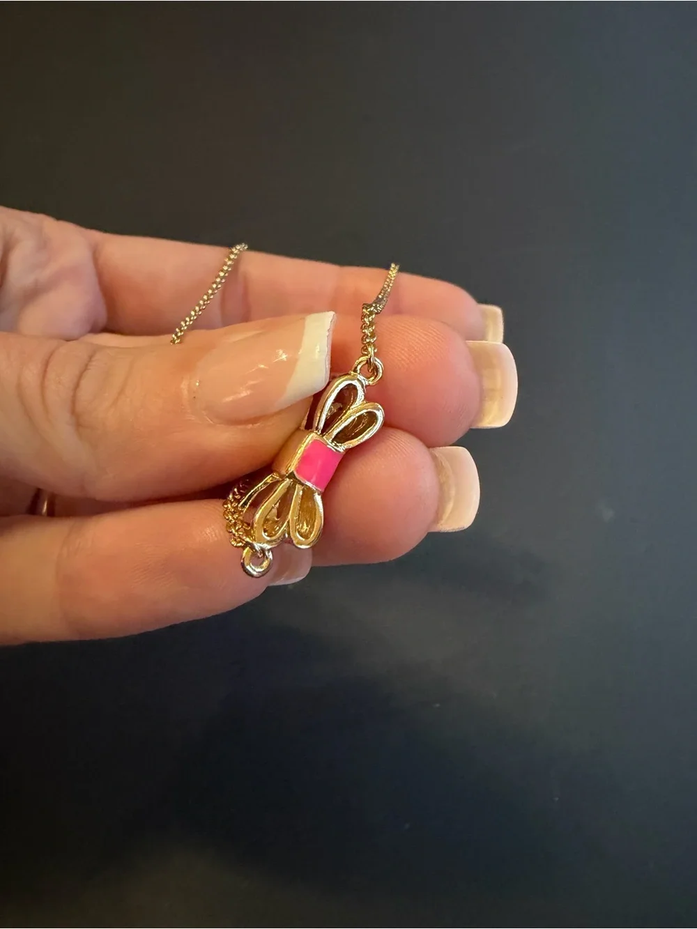 Kate Spade New York Take a Bow Pink Enamel Bow Necklace Gold Tone Signed
